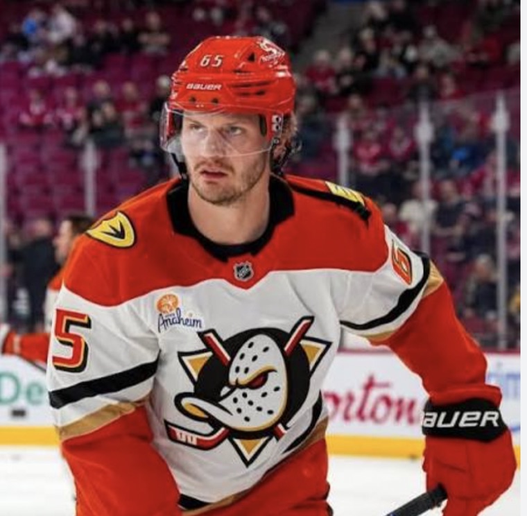 Jacob Trouba in an Anaheim Ducks jersey, number 65, during the 2025-26 season
